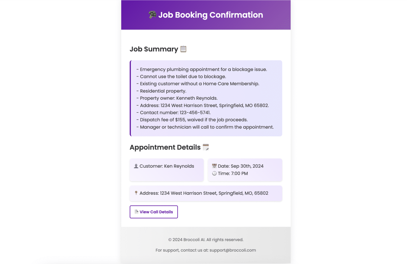 Broccoli AI job booking confirmation email showing the job summary, appointment details, customer name, address and dispatch fee