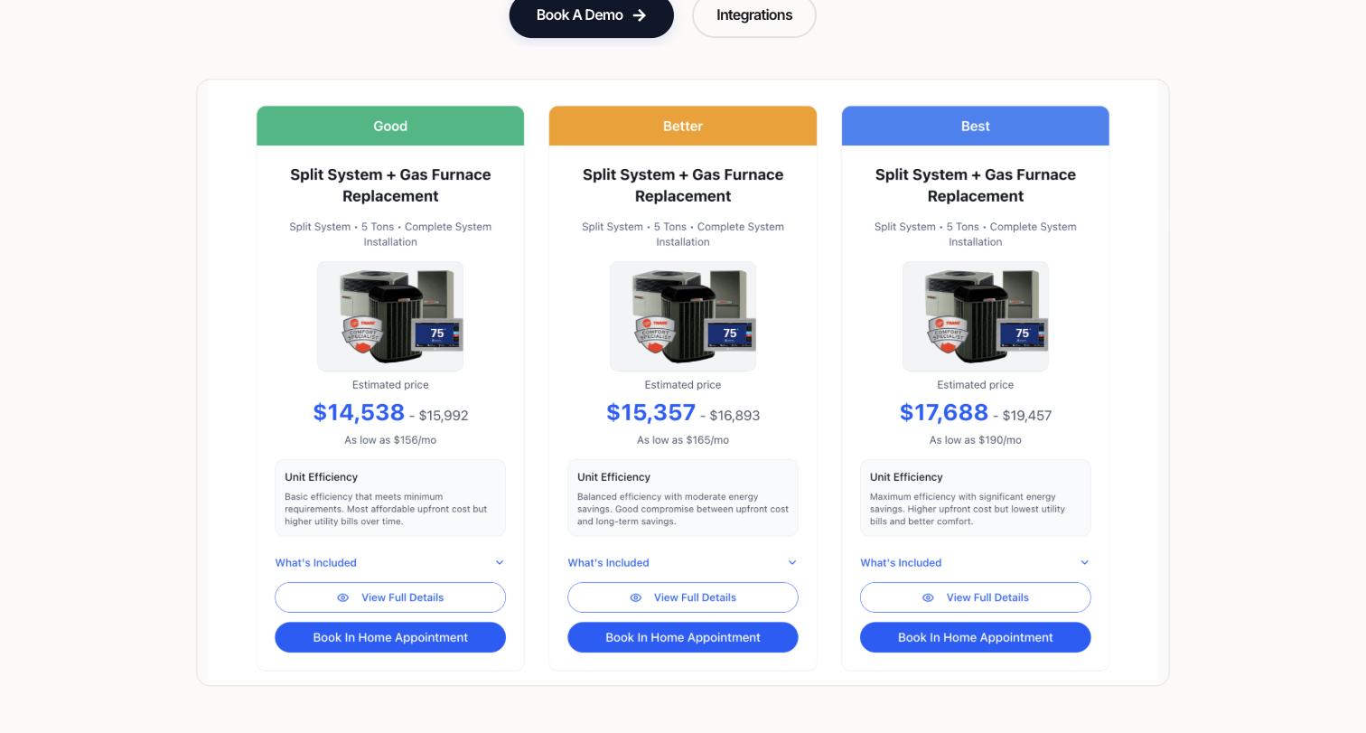 HVAC Quote instant pricing widget embedded on an HVAC contractor website